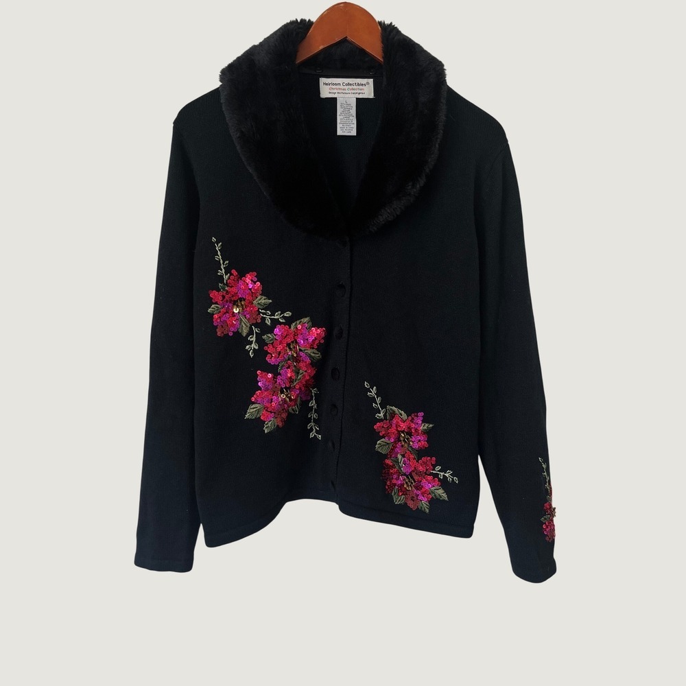 VTG Heirloom Collectibles Christmas Cardigan Black Faux Fur Sequin Floral L